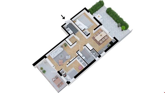Lägenhet 1101, 3 rum och kök med uteplats och balkong, ca 69 m²