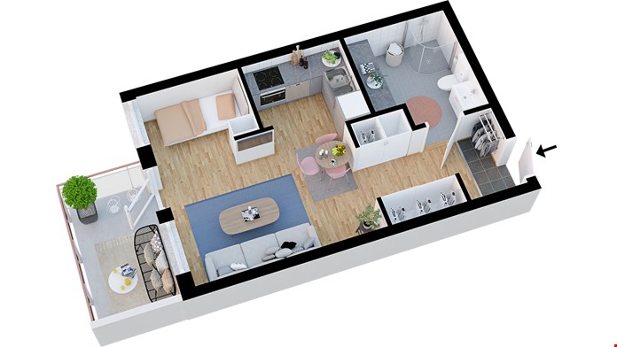 Lägenhet 2303, 1 rum och kök med balkong, ca 35 m²
