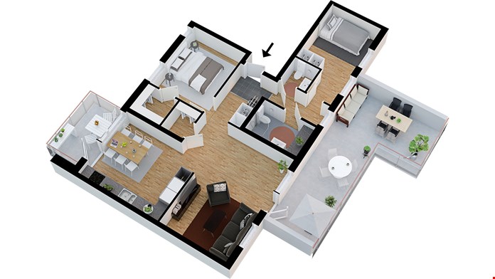 Lägenhet 3402, 3 rum och kök med balkong och privat terrass, ca 86 m²