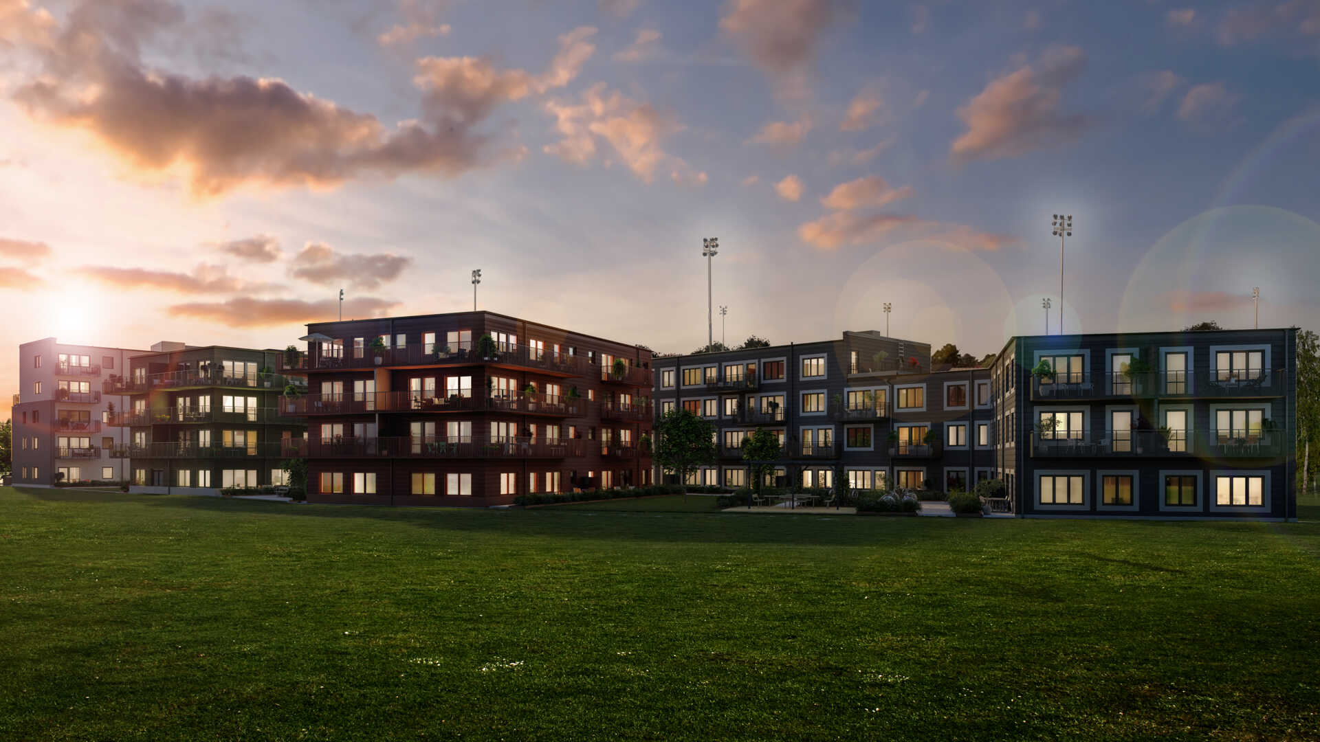 Huset Brf Fredriks Udde i kvällsskymning