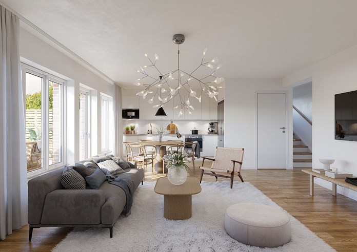 Vardagsrum och kök med matplats i radhus