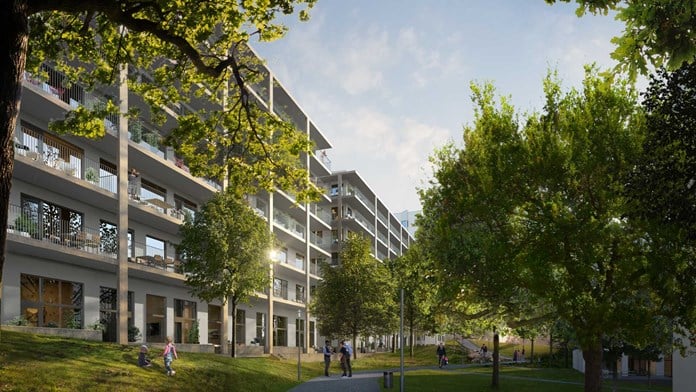 Visualisering parkvy från gångvägen framför kommande etapper.