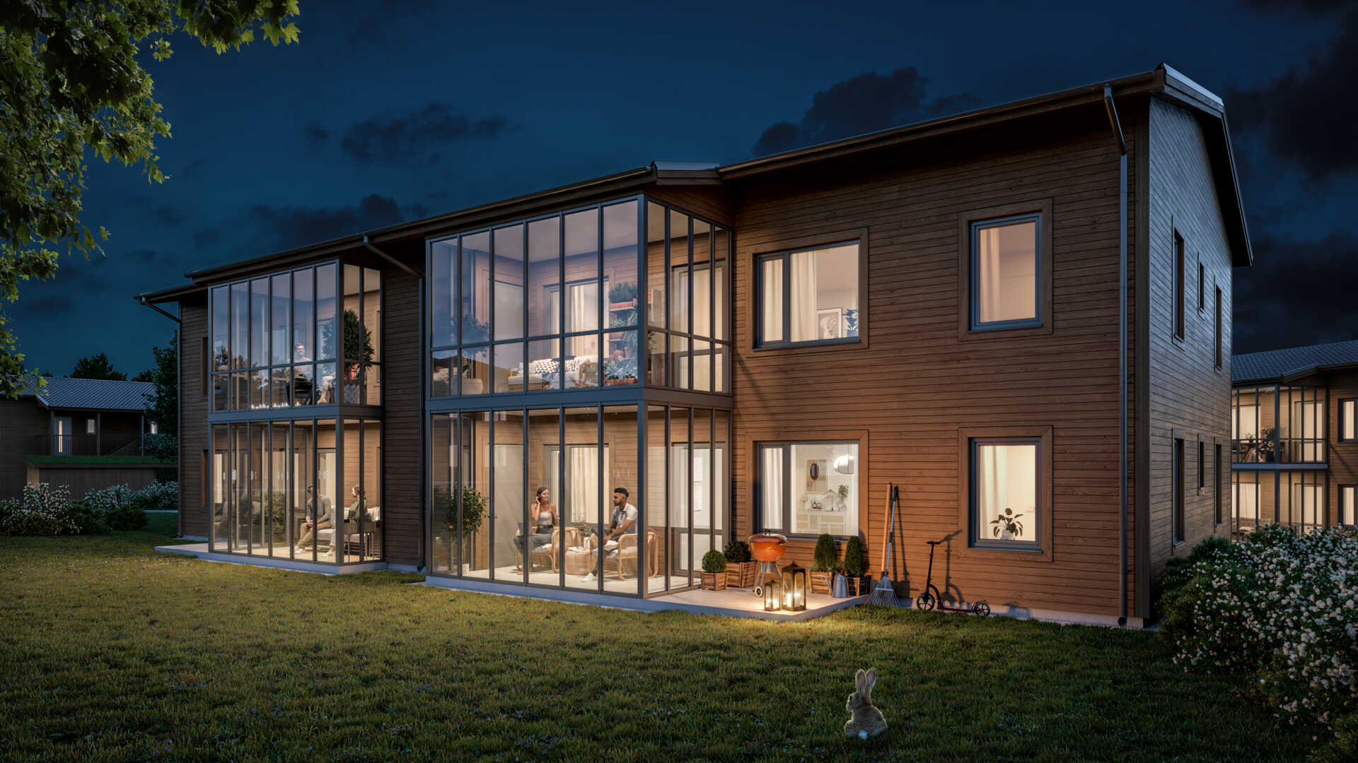 Huset Brf Södra Hammarötassen kvällstid