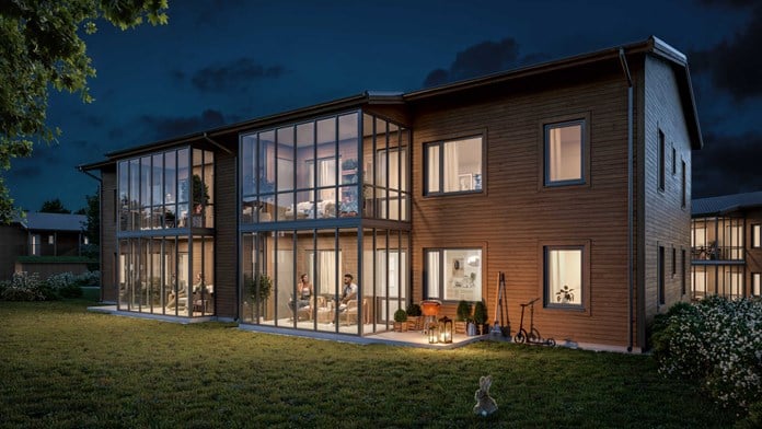 Huset Brf Södra Hammarötassen kvällstid