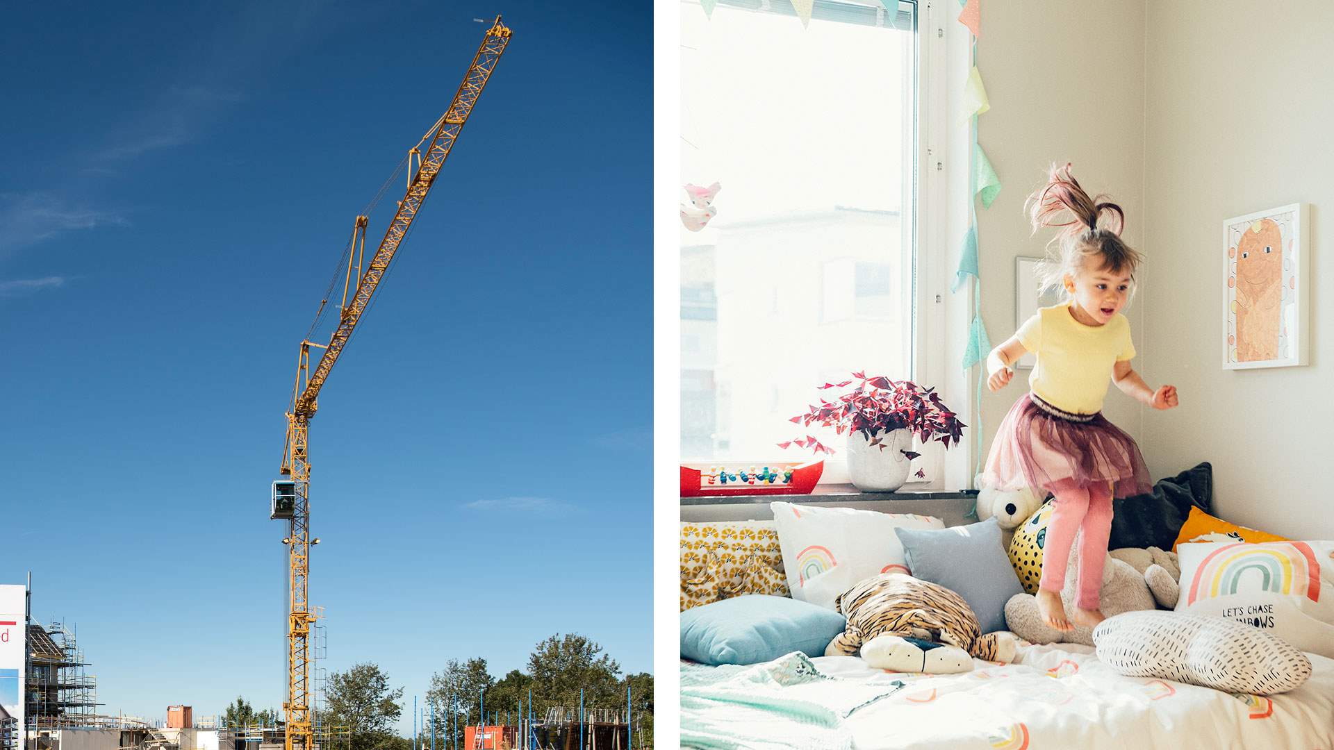 Hållbarhet är stort och litet Tvådelad bild med lyftkran till vänster och tjej som hoppar på säng till höger